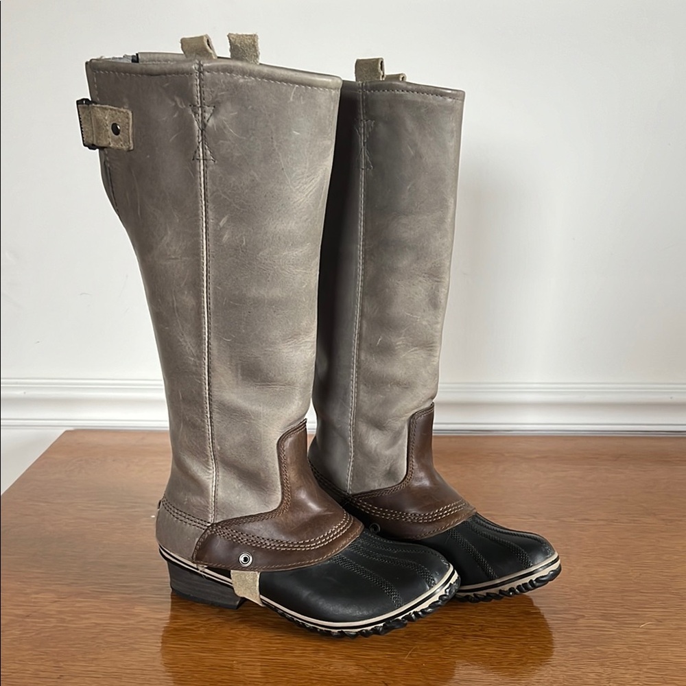 Sorel Slimpack Tall Equestrian Waterproof Leather Riding Boot Gray/Brown Sz 7